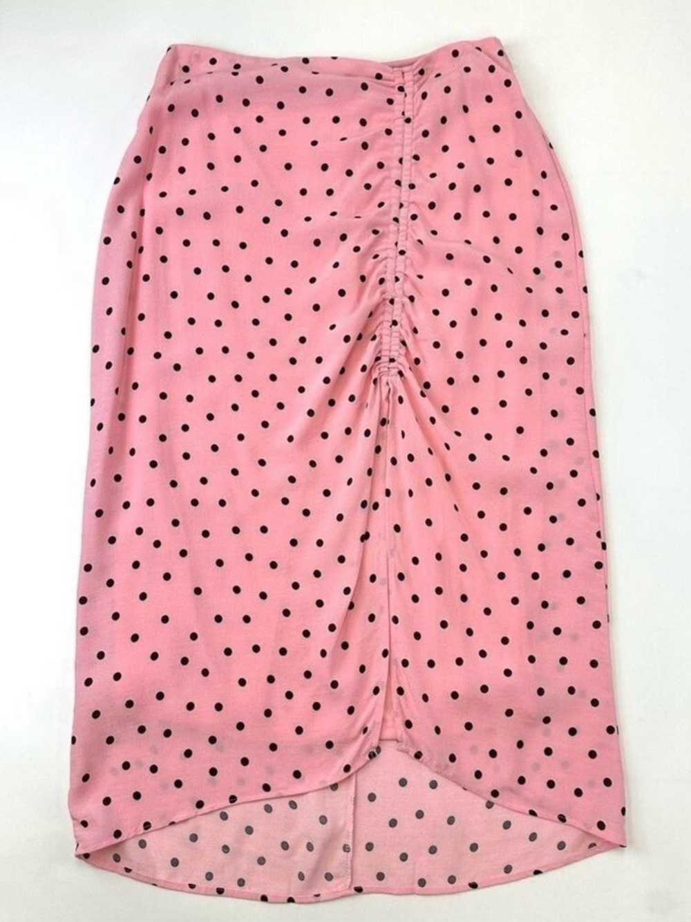 Stradivarius pink polkadot skirt Size 10 midi front slit ruched lined Retro